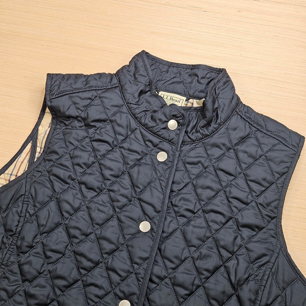 LL Bean Quilted Vest Womens XL Navy Blue Plaid Lined Snap Front Outdoor 0GCX9